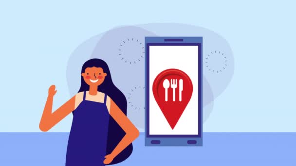 Jovem mulher com aplicativo de smartphone e restaurante — Vídeo de Stock