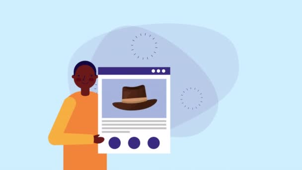 Afro бизнесмен работник с шаблоном веб-страницы и шляпу — стоковое видео