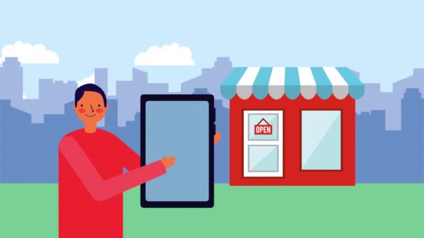Affärsman Worker med smartphone och restaurang fasad — Stockvideo