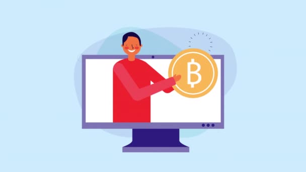 Operaio d'affari con desktop e bitcoin — Video Stock