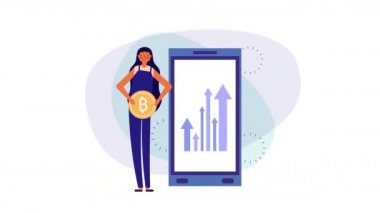 akıllı telefon ve istatistik okları ile iş kadını