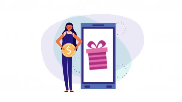 Mujer de negocios con smartphone y regalos — Vídeos de Stock