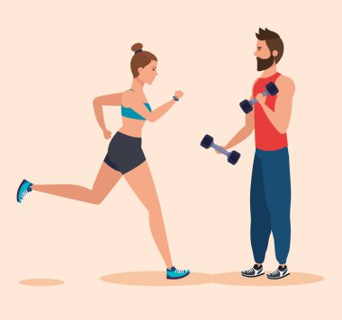 kadın çalışan ve eğitim dumbbells ile adam