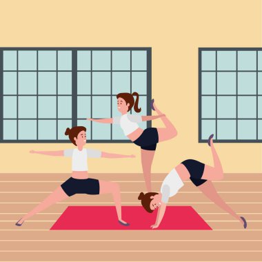 güzellik kızlar grubu spor salonunda pilates pozisyonu pratik