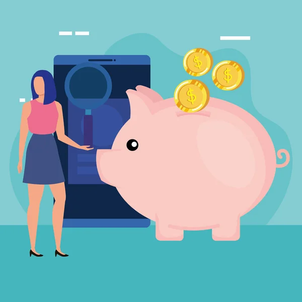 Mujer joven con carácter de ahorro de cerdo — Vector de stock