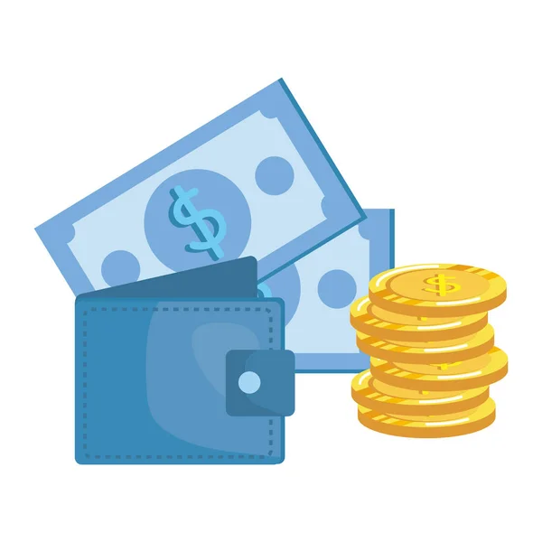 Coins and bills money dollars with wallet — Stock Vector