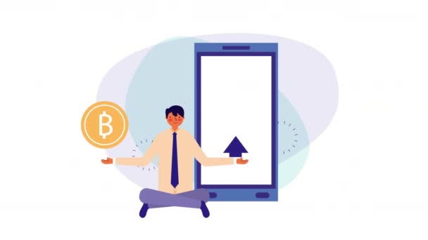 Εργαζόμενος με smartphone και Bitcoin — Αρχείο Βίντεο