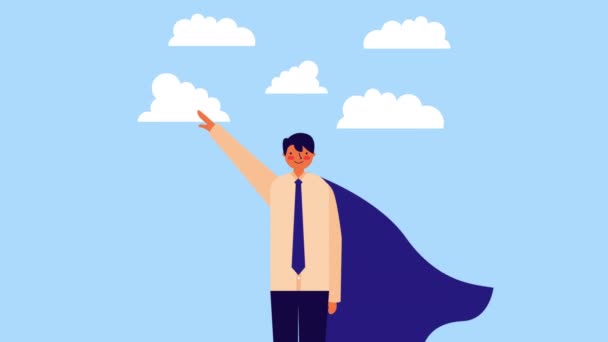 Trabalhador empresário com capa de herói no céu — Vídeo de Stock