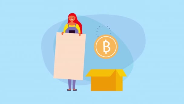 Joven mujer de negocios con bitcoin en caja — Vídeos de Stock