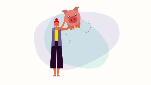Jonge zakenvrouw met Piggy spaargeld — Stockvideo