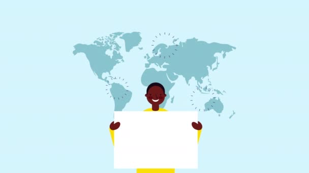 Afro affärsman arbetare med världsplanet och bommar för statistik — Stockvideo
