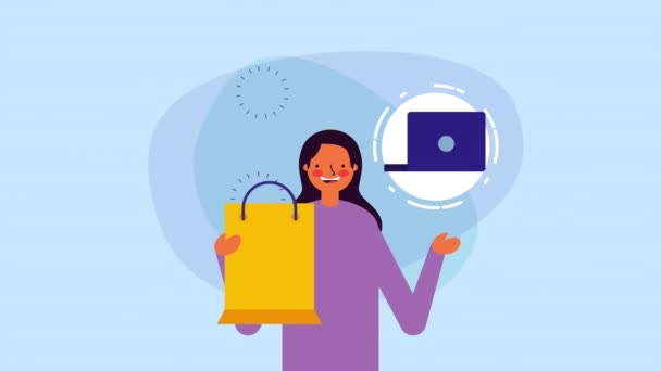 Alışveriş çantası ve faturaları ile genç iş kadını — Stok video