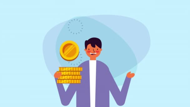 Бизнесмен с монетами деньги и речи пузырь — стоковое видео