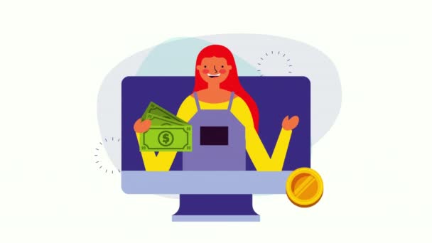 デスクトップとお金を持つ若いビジネスウーマン — ストック動画