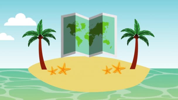 Playa paisaje marino con animación mapa de papel — Vídeos de Stock