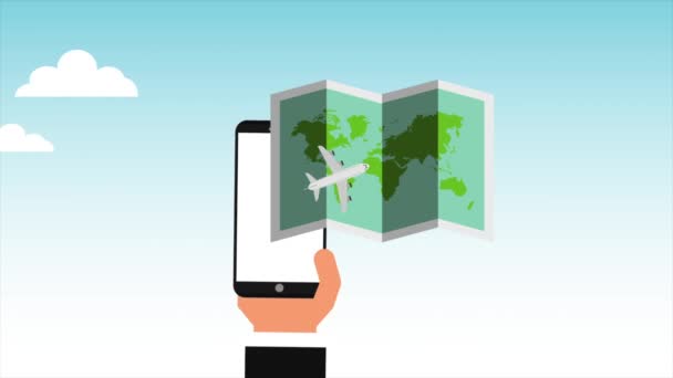 Ručně smartphone a animace cestovních položek — Stock video