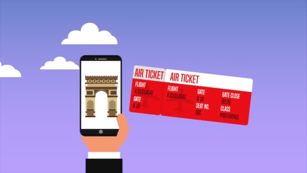 Hand mit Smartphone und Reiseutensilien Animation — Stockvideo
