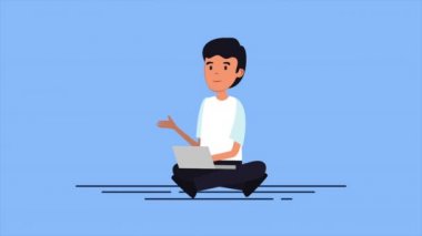 dizüstü bilgisayar ve konuşma balonu animasyon ile çalışan işadamı