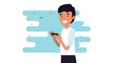 genç işadamı akıllı telefon animasyon uyla sohbet ediyor