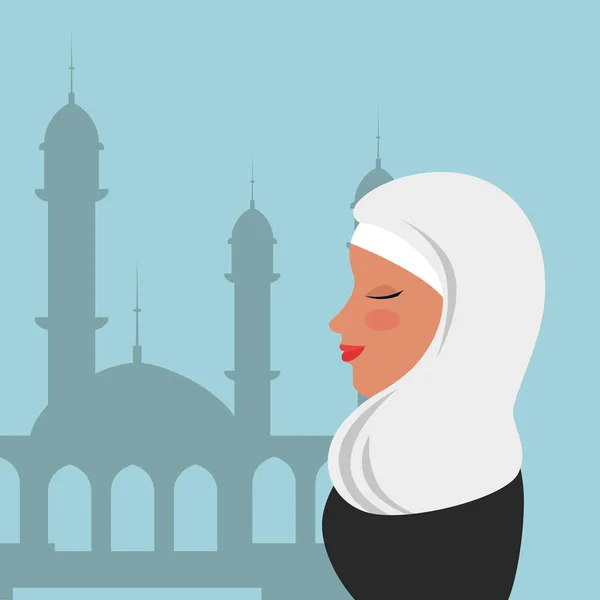Προφίλ της Ισλαμικής γυναίκας με την παραδοσιακή μπούρκα σε τζαμί — Διανυσματικό Αρχείο