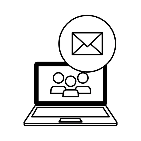 Laptop computer met contactpersonen en envelop-e-mail — Stockvector