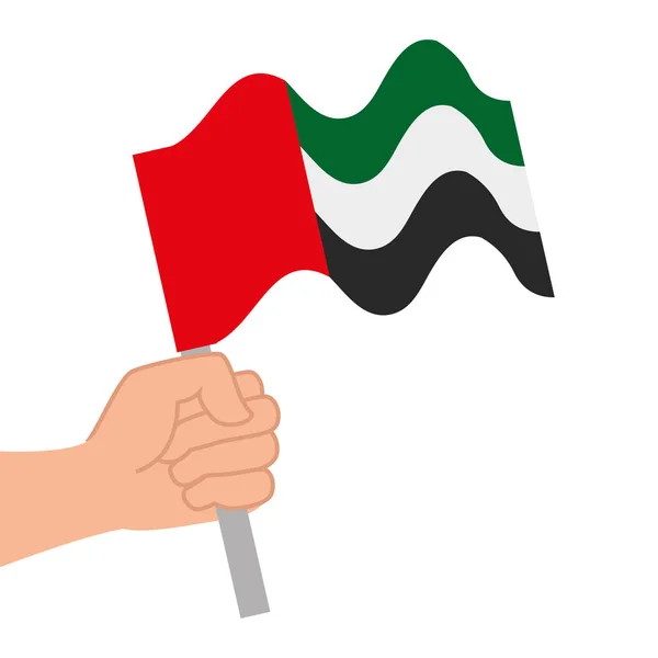 Рука с флагом Объединенных Арабских Эмиратов, размахивающим на шесте — стоковый вектор