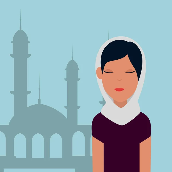 Femme islamique avec burka traditionnelle et bâtiment de la mosquée — Image vectorielle