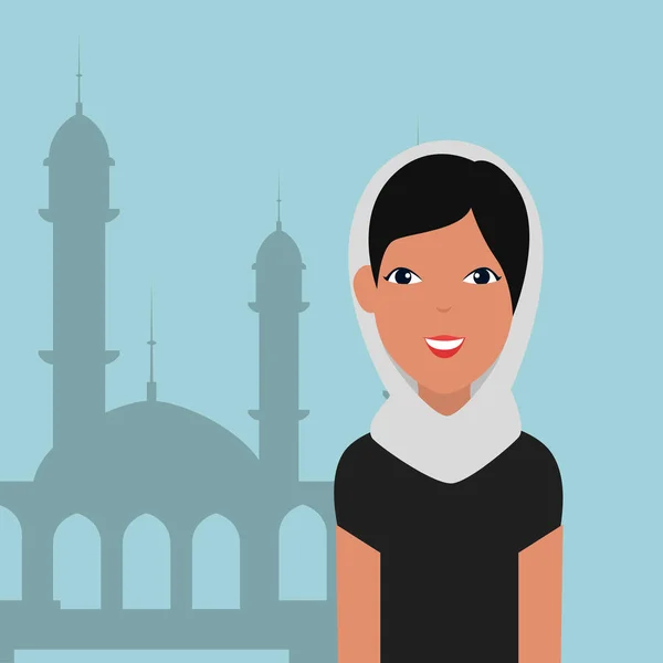 Femme islamique avec burka traditionnelle et bâtiment de la mosquée — Image vectorielle