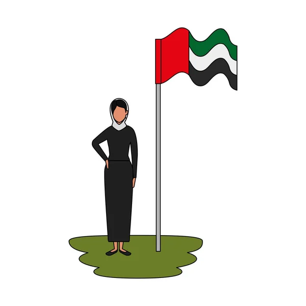 Исламистская женщина с традиционной паранджой и флагом Арабии на шесте — стоковый вектор