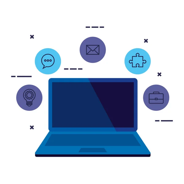 Laptop con icone di social media marketing — Vettoriale Stock
