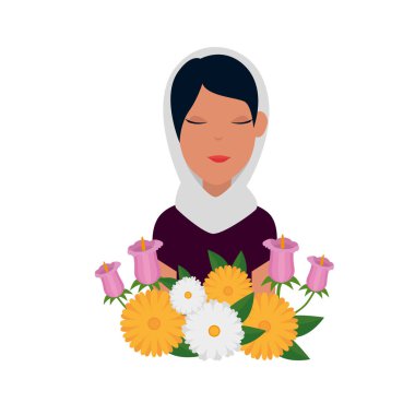 geleneksel burka ve bahçe çiçekleri ile İslami kadın