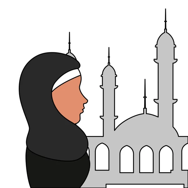 Profil de femme islamique avec burka traditionnelle dans la mosquée — Image vectorielle