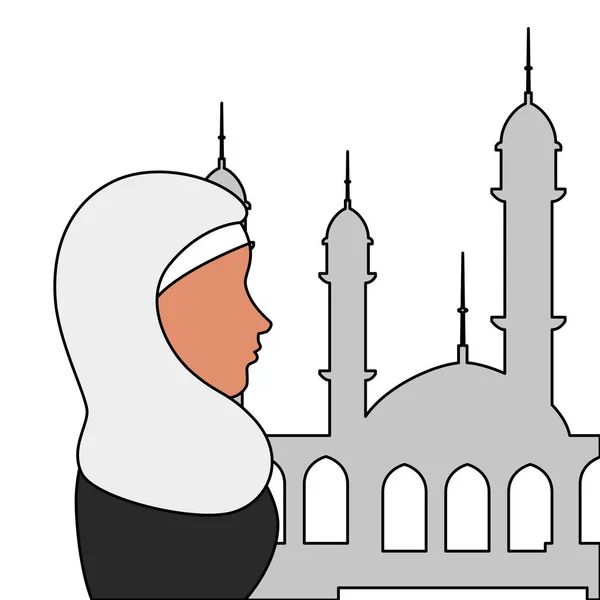 Profil de femme islamique avec burka traditionnelle dans la mosquée — Image vectorielle