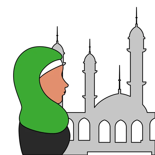 Perfil da mulher islâmica com burka tradicional na mesquita — Vetor de Stock