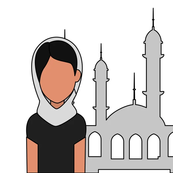 Femme islamique avec burka traditionnelle et bâtiment de la mosquée — Image vectorielle