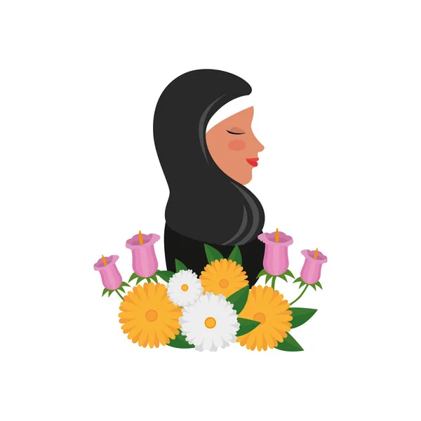 Προφίλ της Ισλαμικής γυναίκας με παραδοσιακή μπούρκα και λουλούδια κήπου — Διανυσματικό Αρχείο