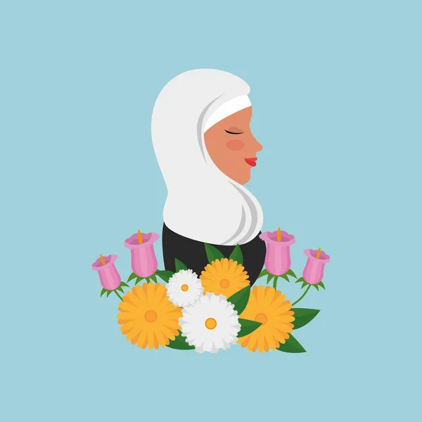 Profil de femme islamique avec burka traditionnelle et fleurs de jardin — Image vectorielle