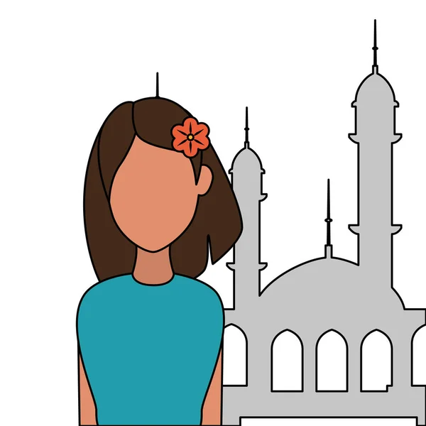 Femme islamique avec bâtiment mosquée — Image vectorielle