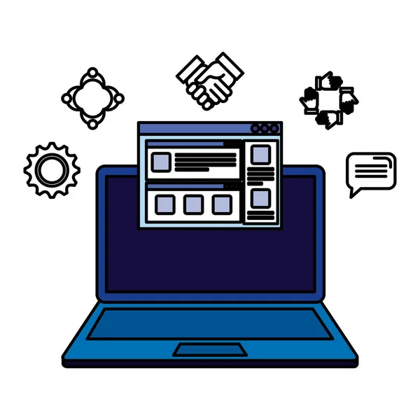 Laptop z szablonem strony i zestawem ikon — Wektor stockowy