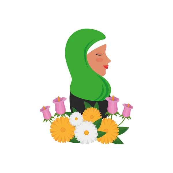 Profil de femme islamique avec burka traditionnelle et fleurs de jardin — Image vectorielle