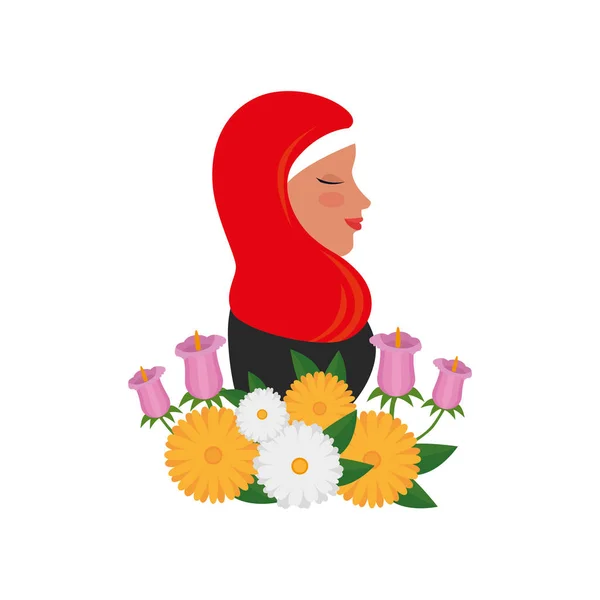 Profil de femme islamique avec burka traditionnelle et fleurs de jardin — Image vectorielle
