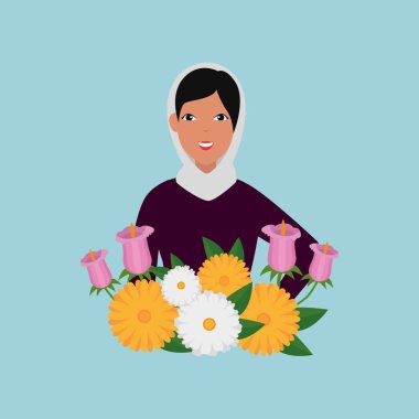 geleneksel burka ve bahçe çiçekleri ile İslami kadın