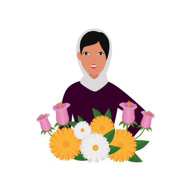 geleneksel burka ve bahçe çiçekleri ile İslami kadın