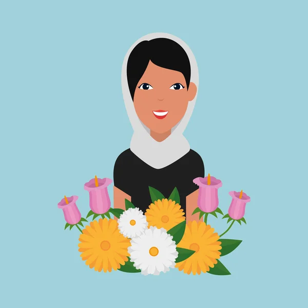 Femme islamique avec burka traditionnelle et fleurs de jardin — Image vectorielle