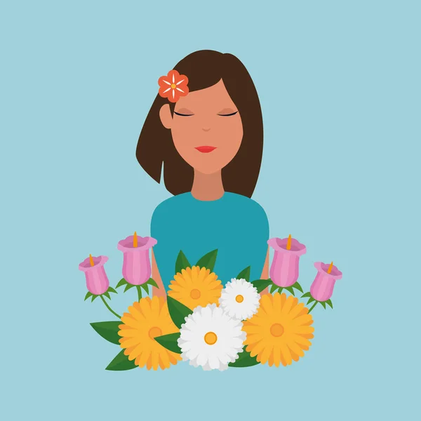 Hermosa mujer con flor en el pelo y rosas jardín — Vector de stock