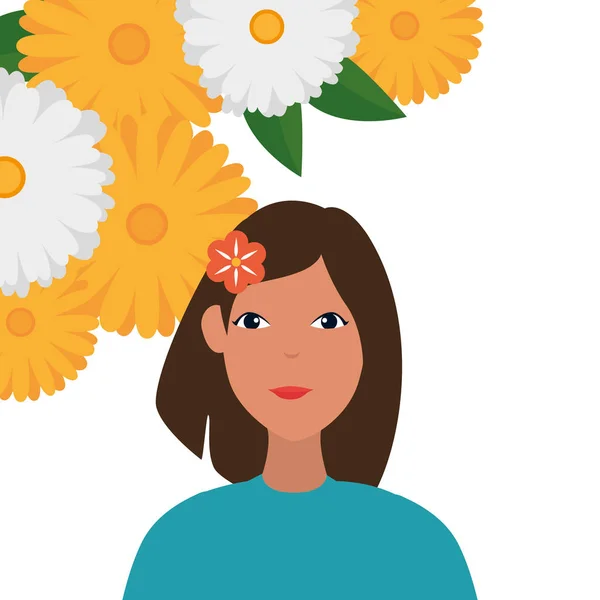 Όμορφη γυναίκα με λουλούδι στα μαλλιά και Floral πλαίσιο — Διανυσματικό Αρχείο