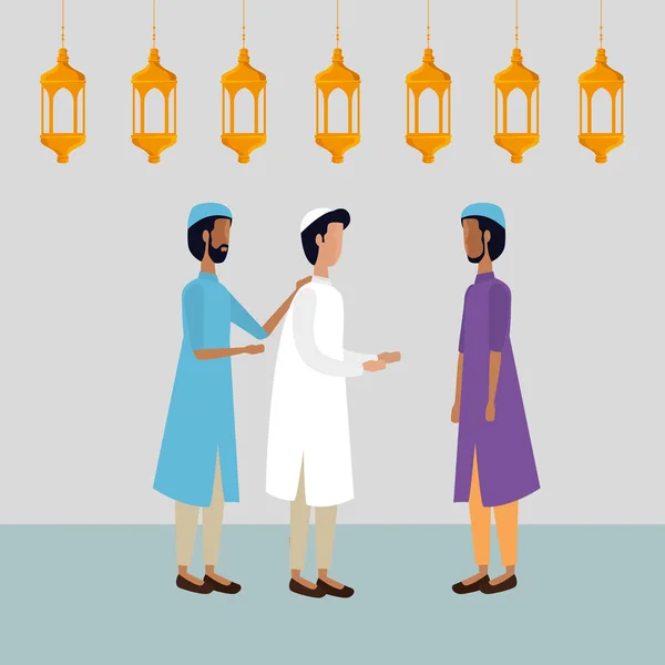 Lanternes ramadan kareem accroché avec des hommes groupe — Image vectorielle