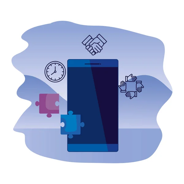 Dispositivo smartphone con iconos de redes sociales — Vector de stock