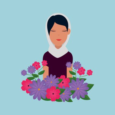 geleneksel burka ve bahçe çiçekleri ile İslami kadın