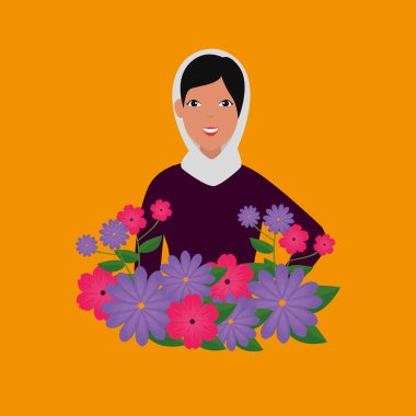 geleneksel burka ve bahçe çiçekleri ile İslami kadın